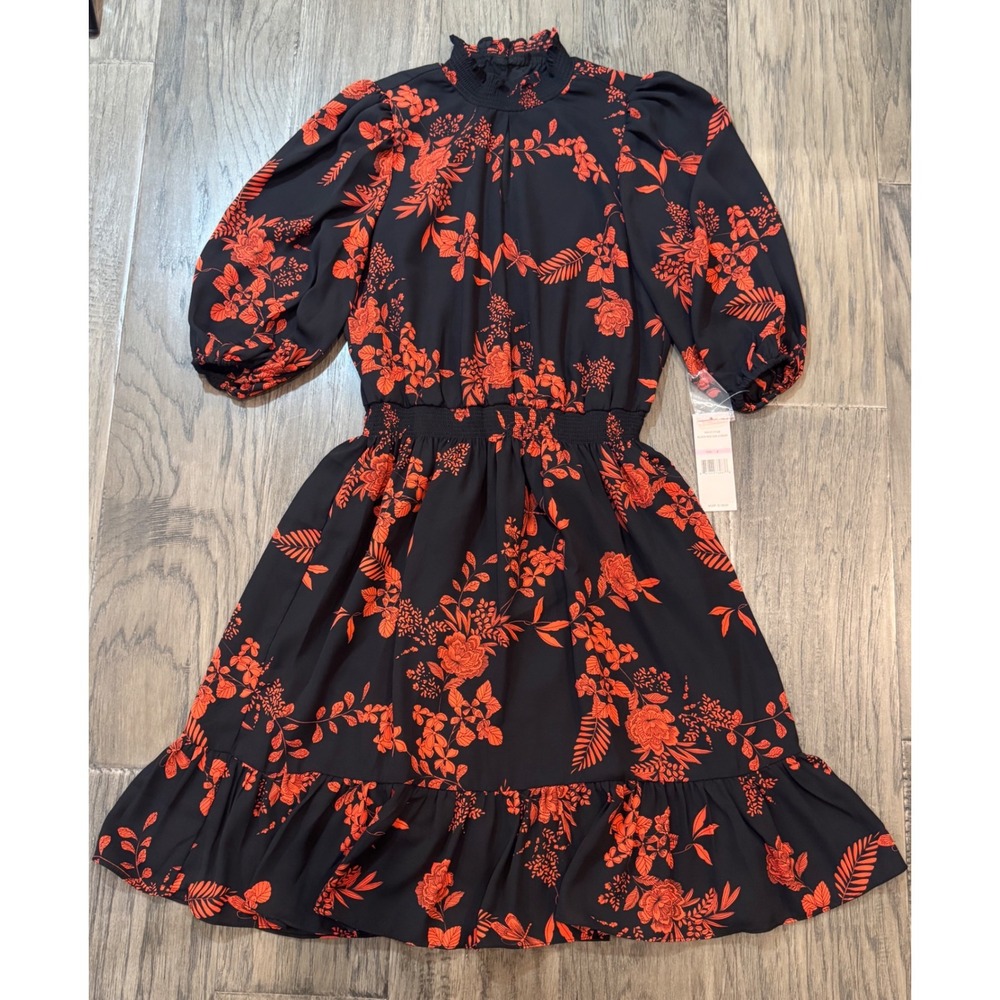 NWT Nanette Lepore Dress Size‎ 2 Black Red Floral Smocked Waist Ruffle Hem
